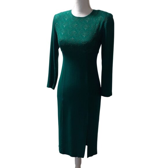Carol Anderson Petites Sheath Dress Womens Size 4 Green Embroidered Long Sleeve - Picture 2 of 6